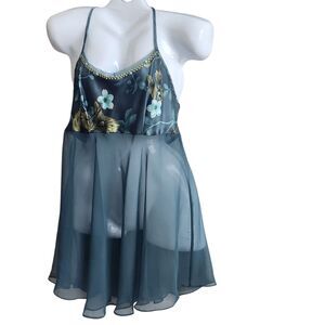 VTG Secret Treasures Sheer Baby Doll Chemise-Deep Teal-Floral Details-Coquette-L